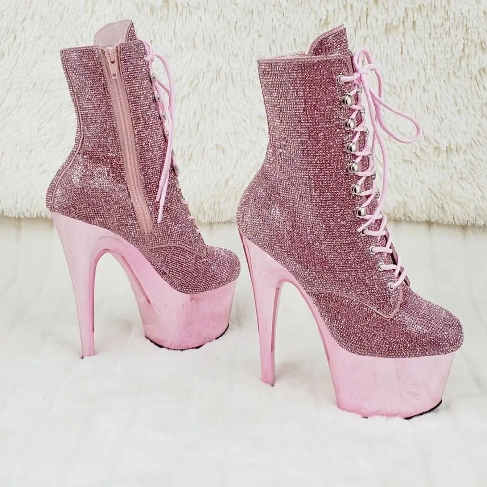 New Glitter Pink Crystal Platform lace Boots - Picture 1 of 6